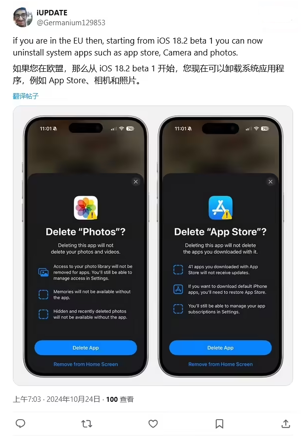 渔薪镇苹果手机维修分享iOS 18.2 支持删除 App Store 应用商店 