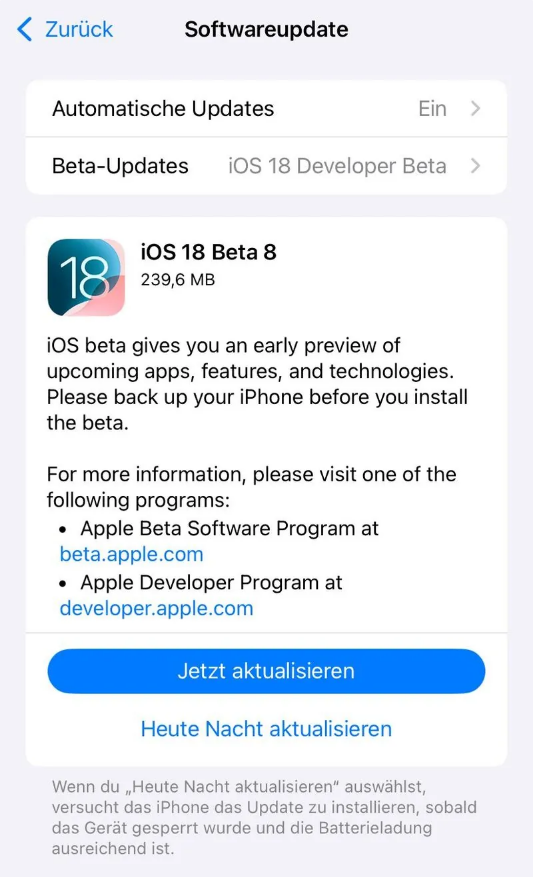 渔薪镇苹果手机维修分享苹果 iOS / iPadOS 18 开发者预览版 Beta 8 发布 